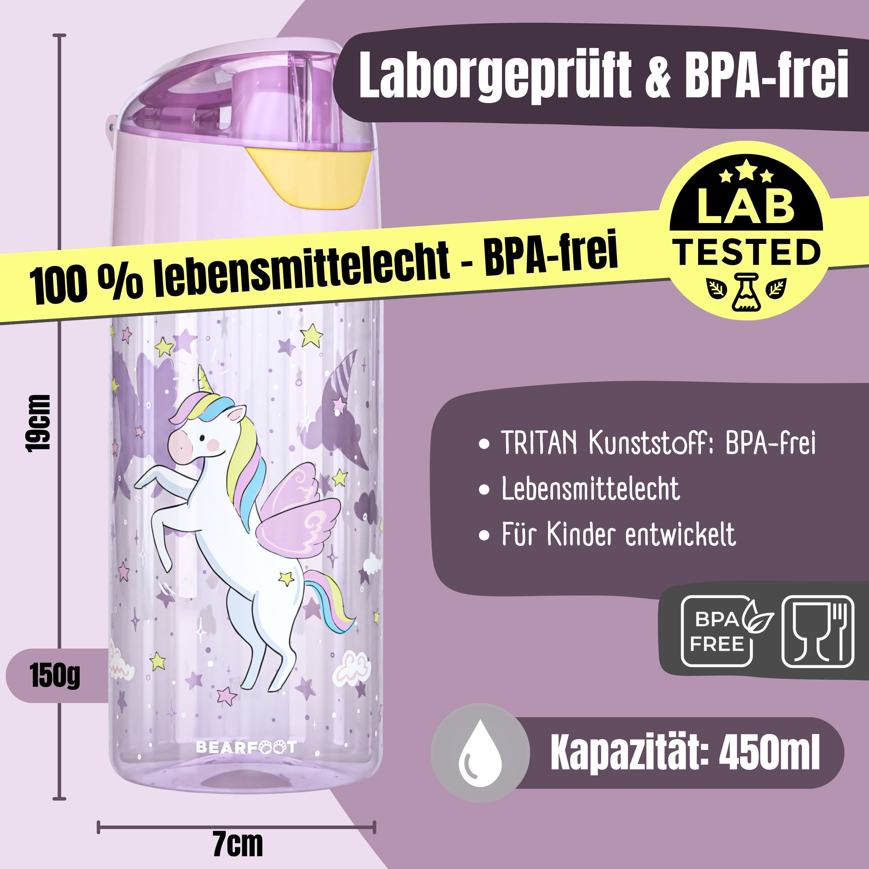 BEARFOOT Trinkflasche Trinkflasche Kinder, leichte Wasserflasche - Einhorn