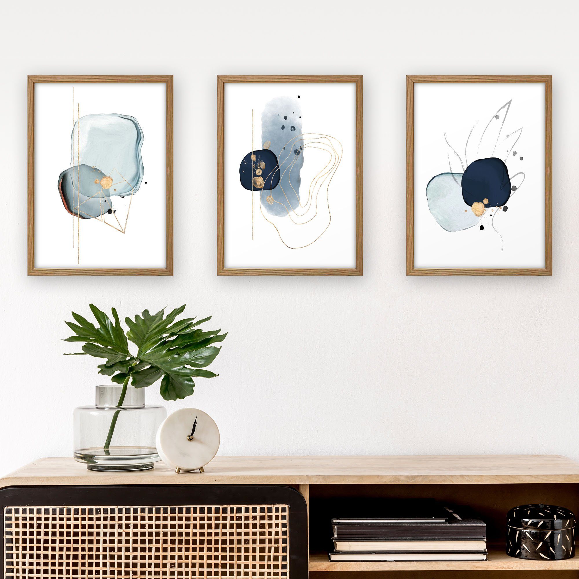 3-teilig oder (Set, „Abstrakt Modern A4 Poster mit 3 Feder Rahmen DIN optional St), natur mit Rahmen; Rahmen, Kreative blau“ Set A3 optional Art DIN Premium wahlweise