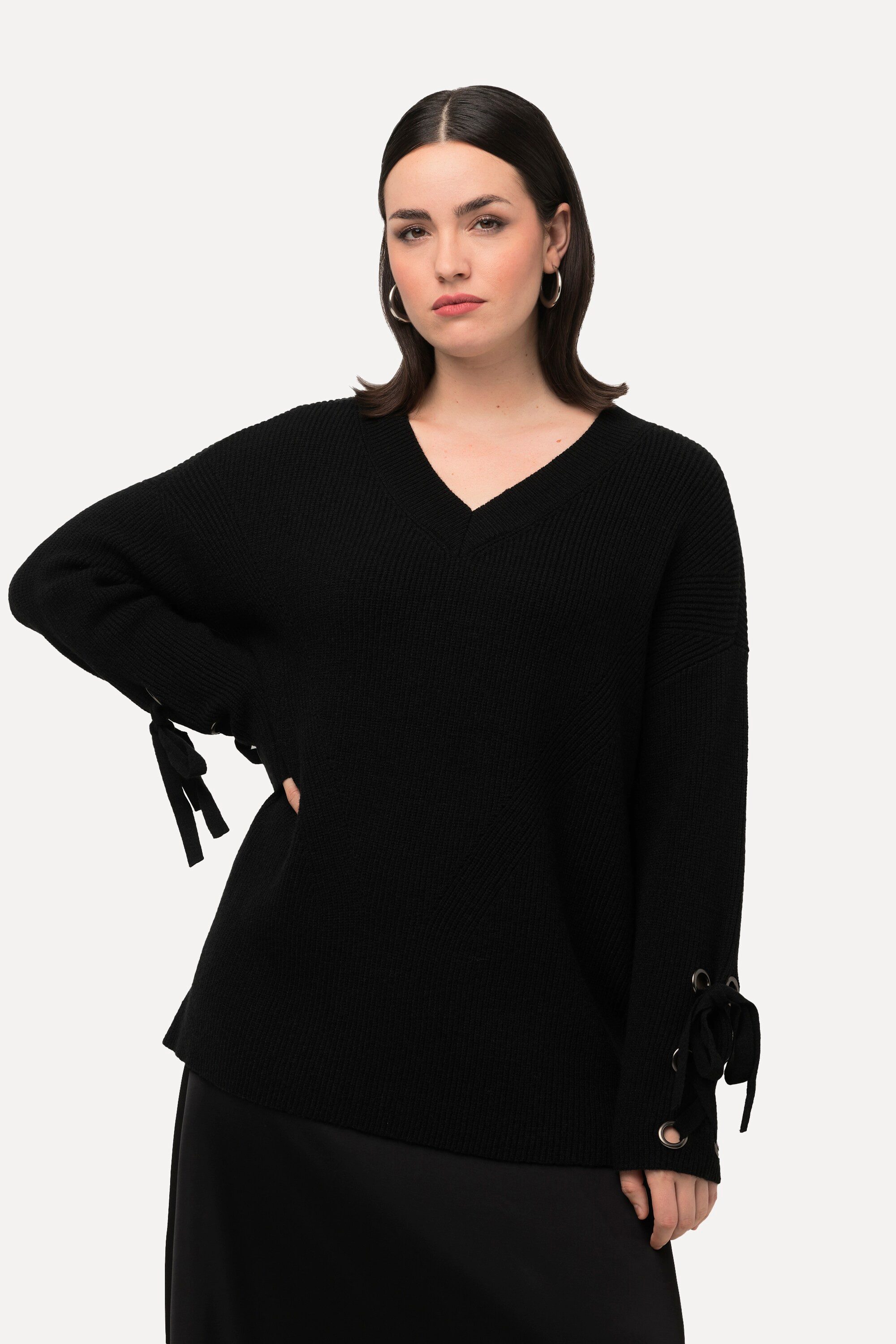 Ulla Popken Strickpullover Pullover Ärmel mit Ösen und Bändern oversized günstig online kaufen