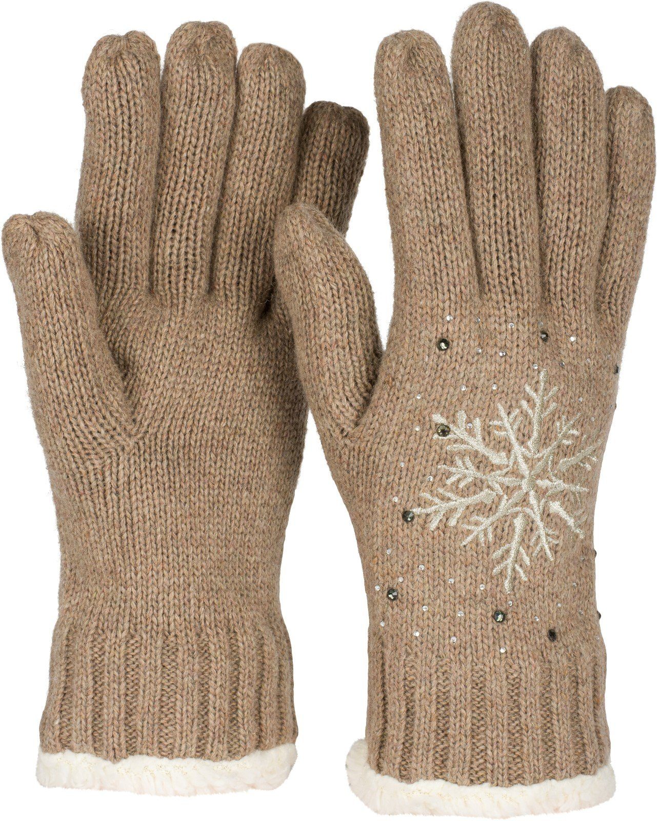 styleBREAKER Strickhandschuhe Strickhandschuhe mit Schneeflocke, Strass und Fleece