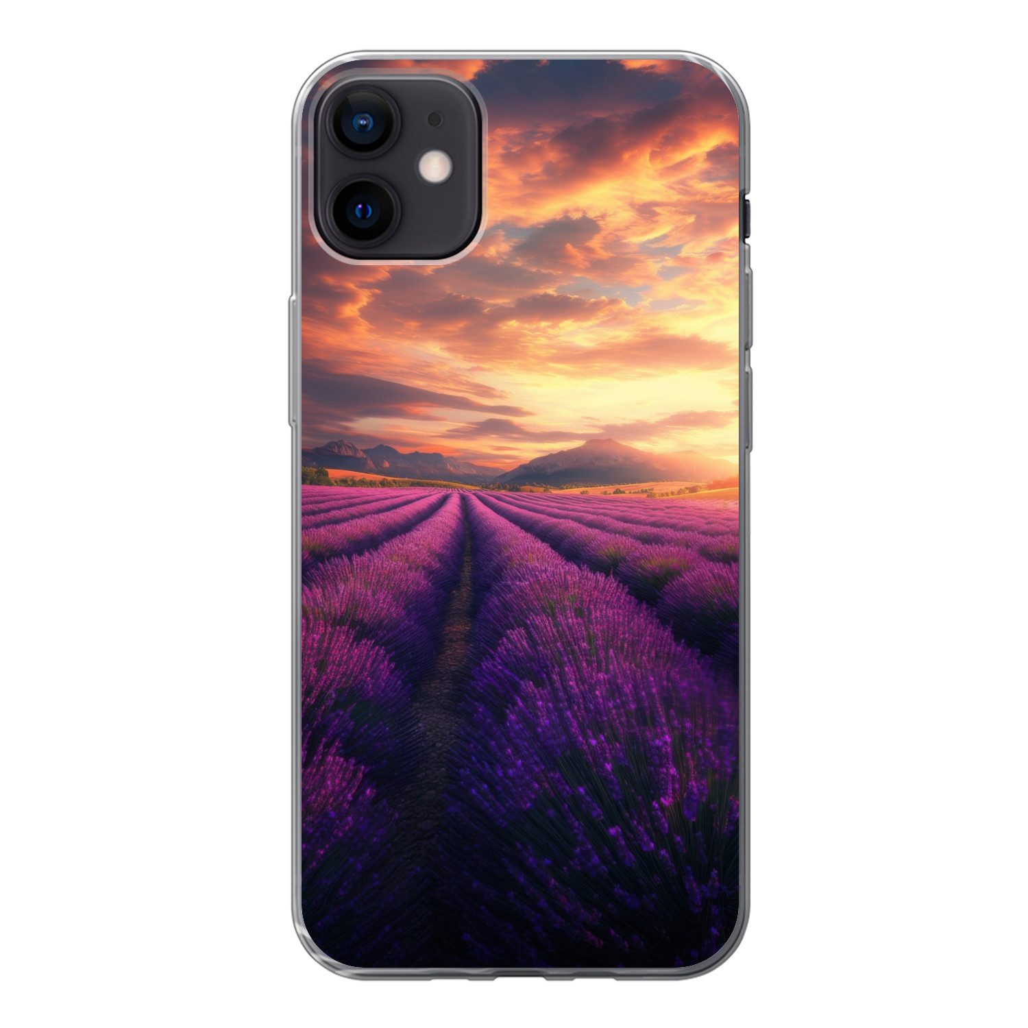 MuchoWow Handyhülle für Apple iPhone 12 Mini Lavendelfeld - Sonnenuntergang - Lila, Smartphone-Bumper, Print, Handy Schutzhülle Dünn
