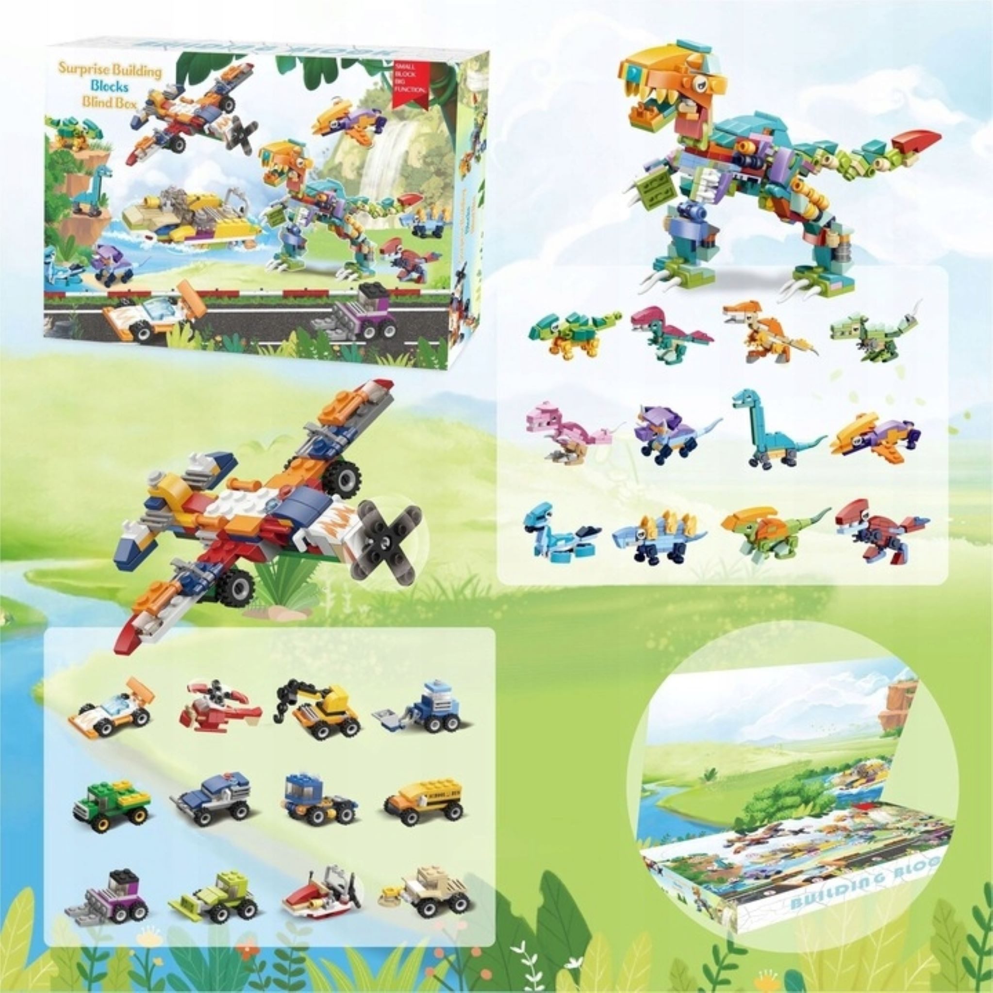 Festivalartikel Adventskalender Adventskalender mit Bausteinen: 12 Dinosaurier, 12 Autos