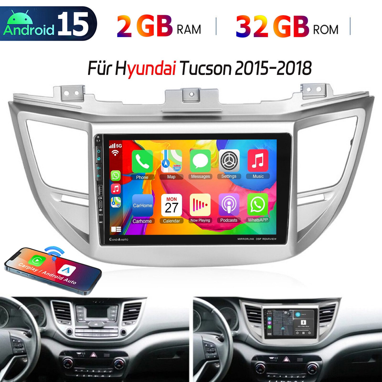 ESSGOO DAB+ Carplay autoradio bluetooth Android 15 Für Hyundai Tucson 2015-18 Autoradio (4+64GB(optional), DAB+ (optional), RDS, AM, FM, Carplay Android Auto Bluetooth EQ USB GPS Navi WIFI Touchscreen)