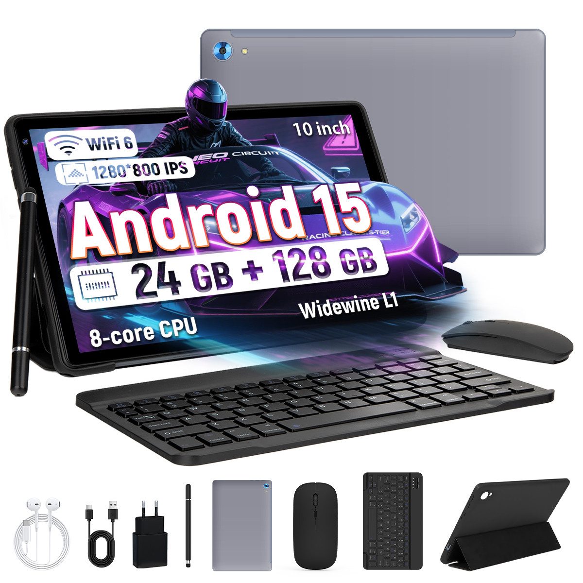 BUFO 10.1 Zoll Android, 4GB/6GB+128GB, 1280x800 HD, incl. Hülle Set Tablet (10", 128 GB, Android 15, Octa core mit Tastatur, Stift, Maus, Hülle, Kopfhörer, WiFi 6 BT 5)