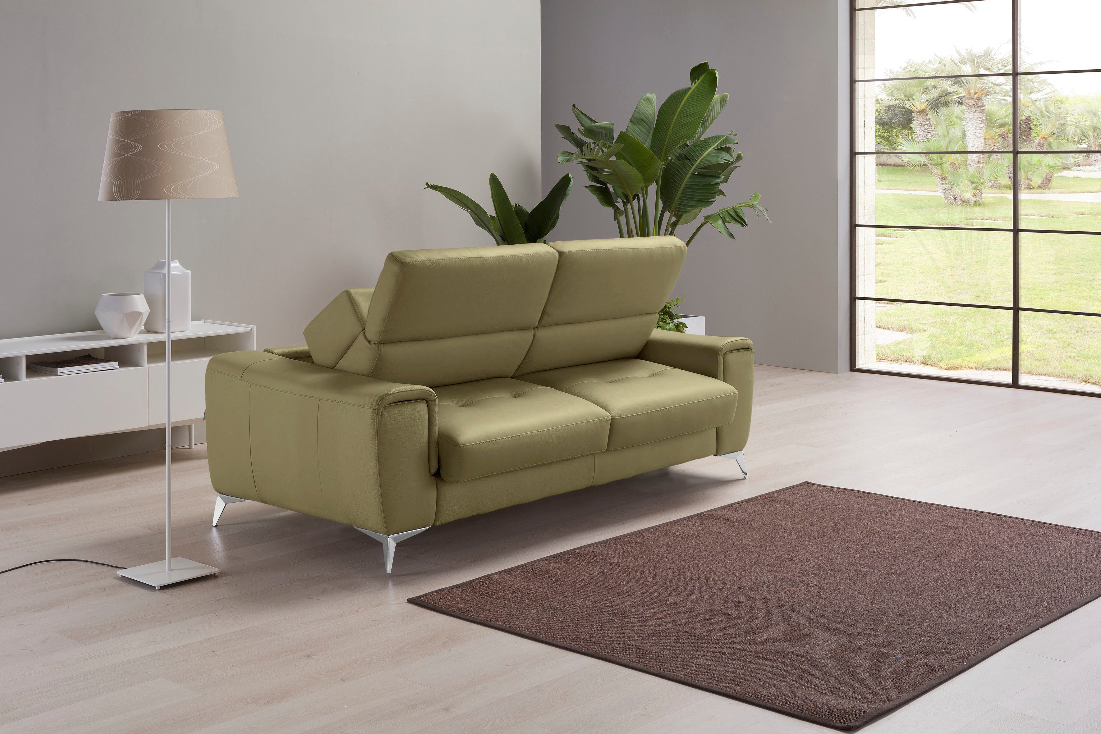 Egoitaliano Schlafsofa Francine Designsofa, Loungesofa mit Dauerschlaffunktion, Breite 233 cm, mit Bettfunktion, Leder BULL, salbei, Fußfarbe chrom