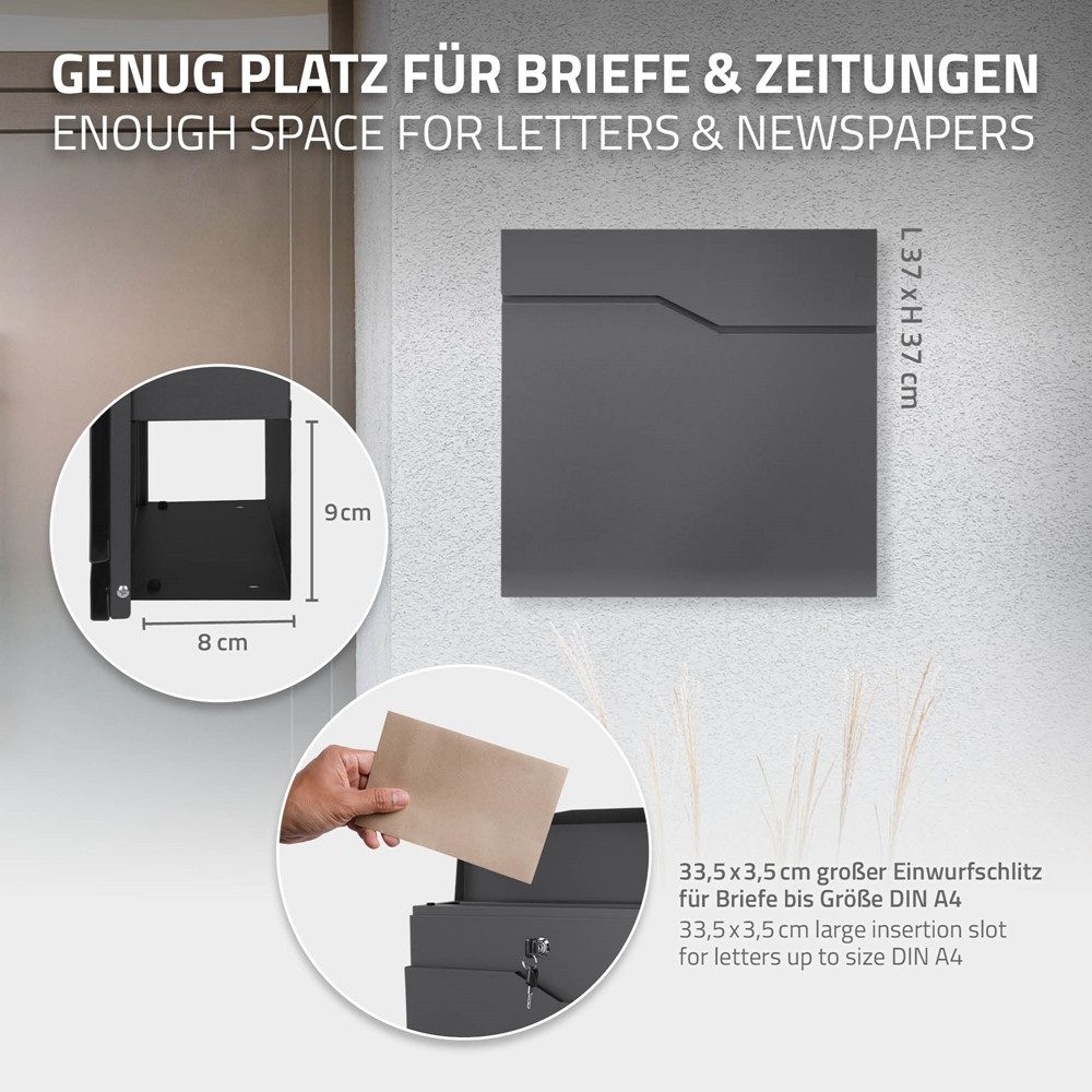 ML-DESIGN Briefkasten Postkasten mit Zeitungsfach, abschließbar 2 Schlüssel, Wandmontage, Mailbox Wandbriefkasten mit Zeitungsrolle für Wandmontage – Bild 4 von 5