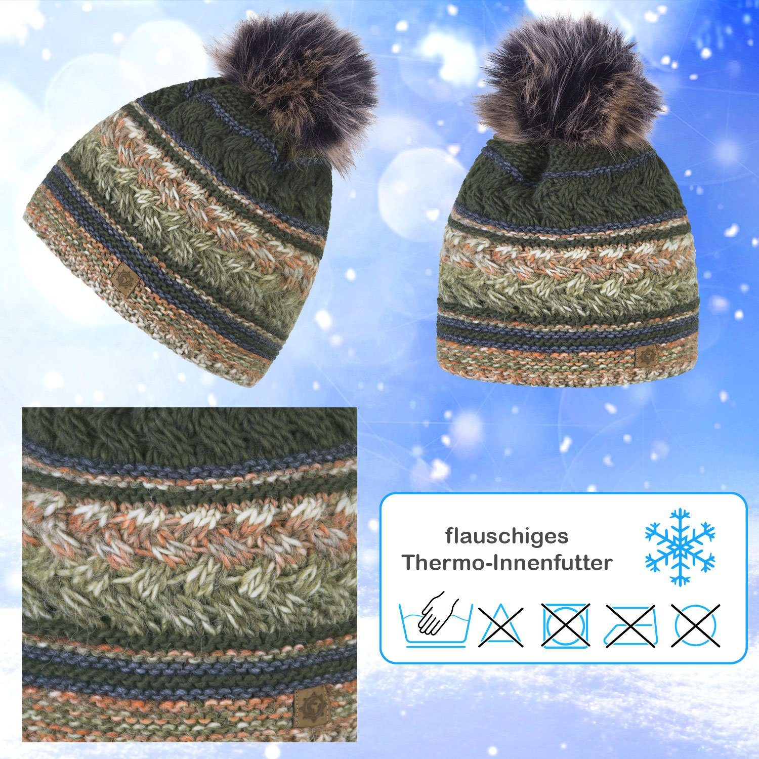 compagno Bommelmütze (1-St) Bommelmütze Wintermütze Damen mehrfarbig Fleecefutter Beanie