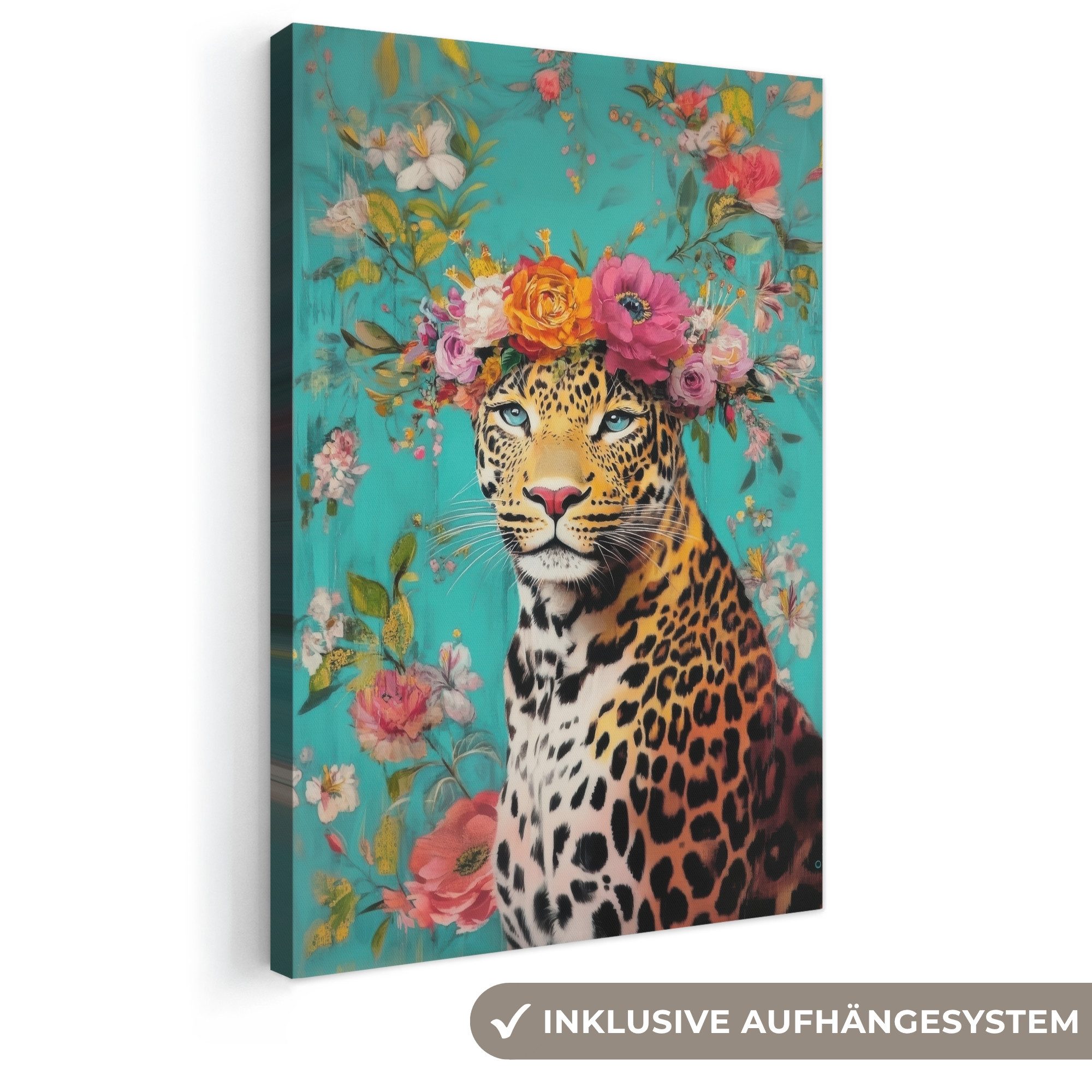 OneMillionCanvasses® Leinwandbild Leopard - Blumen - Krone, Fotodruck (1 St), Leinwand Canvas Wandbild, Wanddekoration 20x30 cm