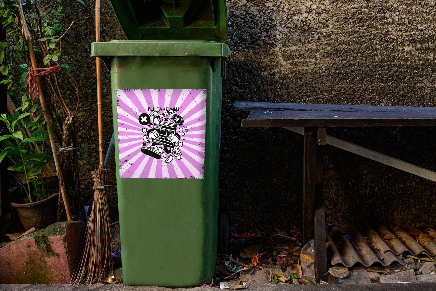 MuchoWow Wandsticker Vintage Sticker, Container, (1 Mülltonne, St), Film Mütze Mülleimer-aufkleber, - - Abfalbehälter