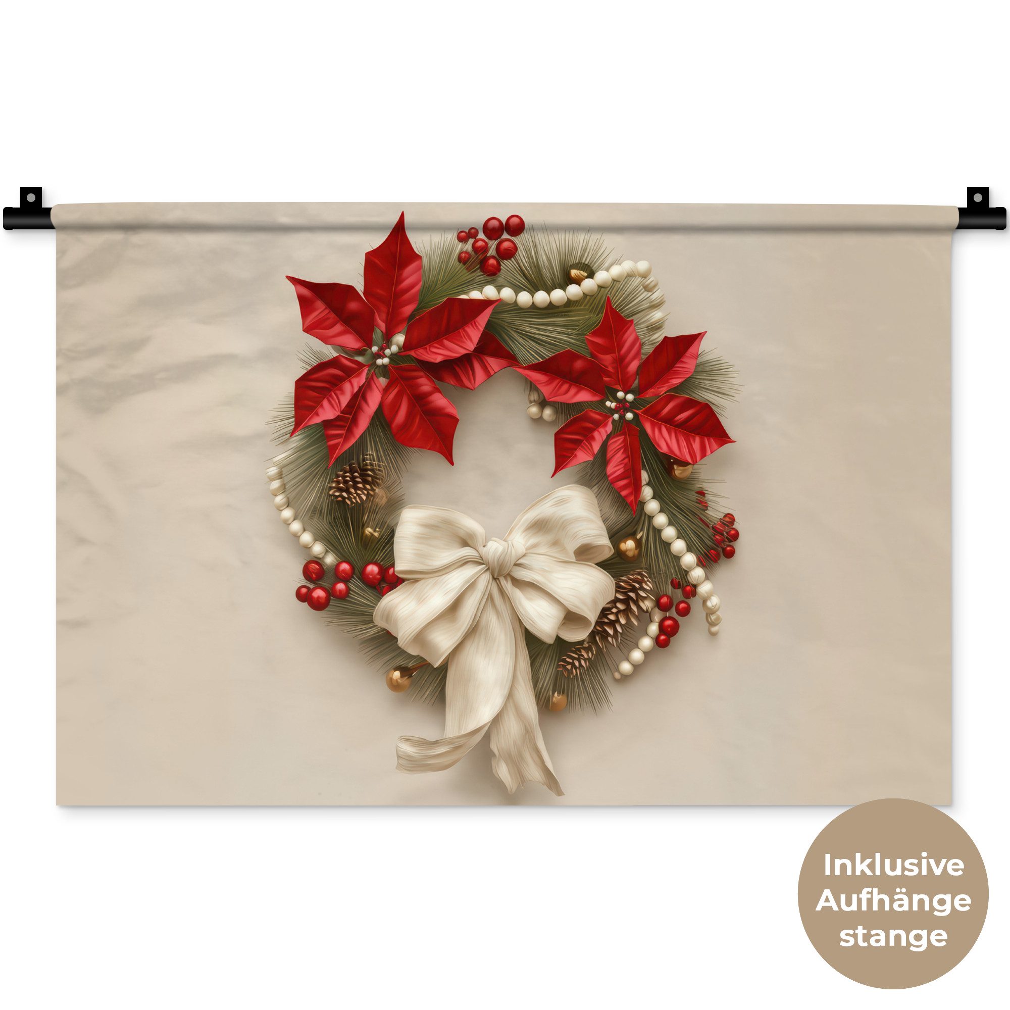 MuchoWow Wandteppich Türkranz - Schleife - Weihnachten - Rot - Grün, Rechteckig, Höhe: 3 mm, Wandteppich für Wohnzimmer, Schlafzimmer, 60x40 cm