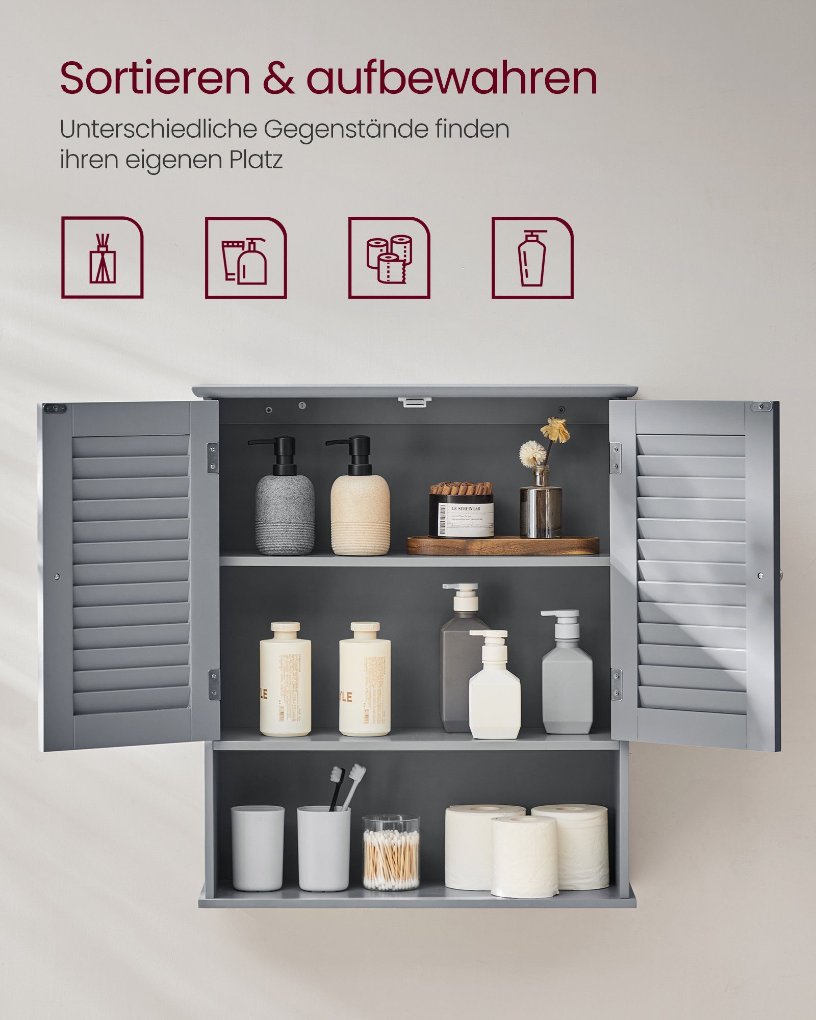 VASAGLE Hängeschrank Badezimmerschrank, Medizinschrank mit verstellbarem Einlegeboden Wandschrank, Lamellentüren und offenem Fach, 20 x 60 x 70 cm – Bild 5 von 5