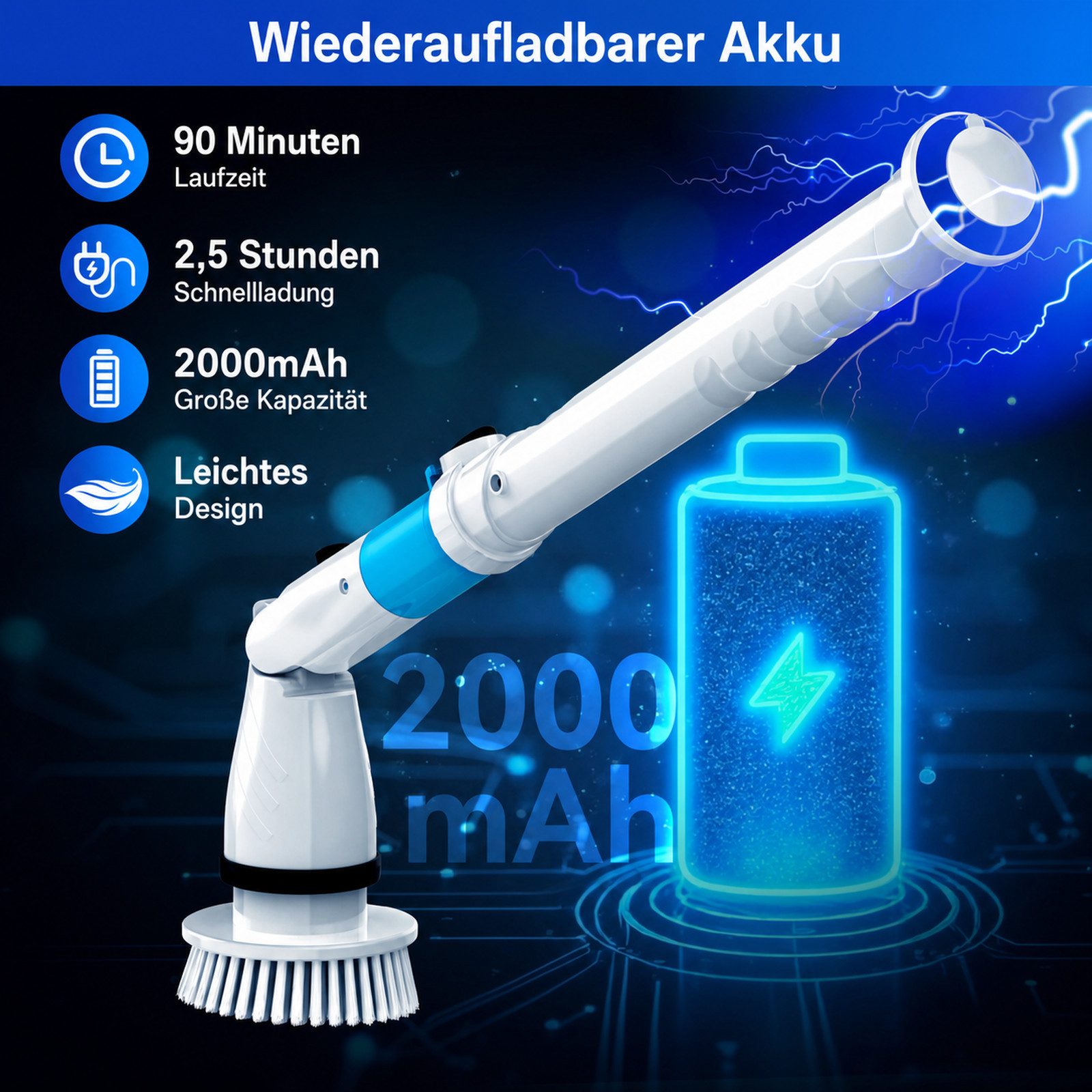 TASVAC Hartbodenreiniger EB5 Akku-Reinigungsset 21W, 2000mAh, 180 Min. Laufzeit, 5 Bürstenköpfe, 21 W, Nicht zutreffend, Verstellbarer Griff,wasserdichtes Gehäuse