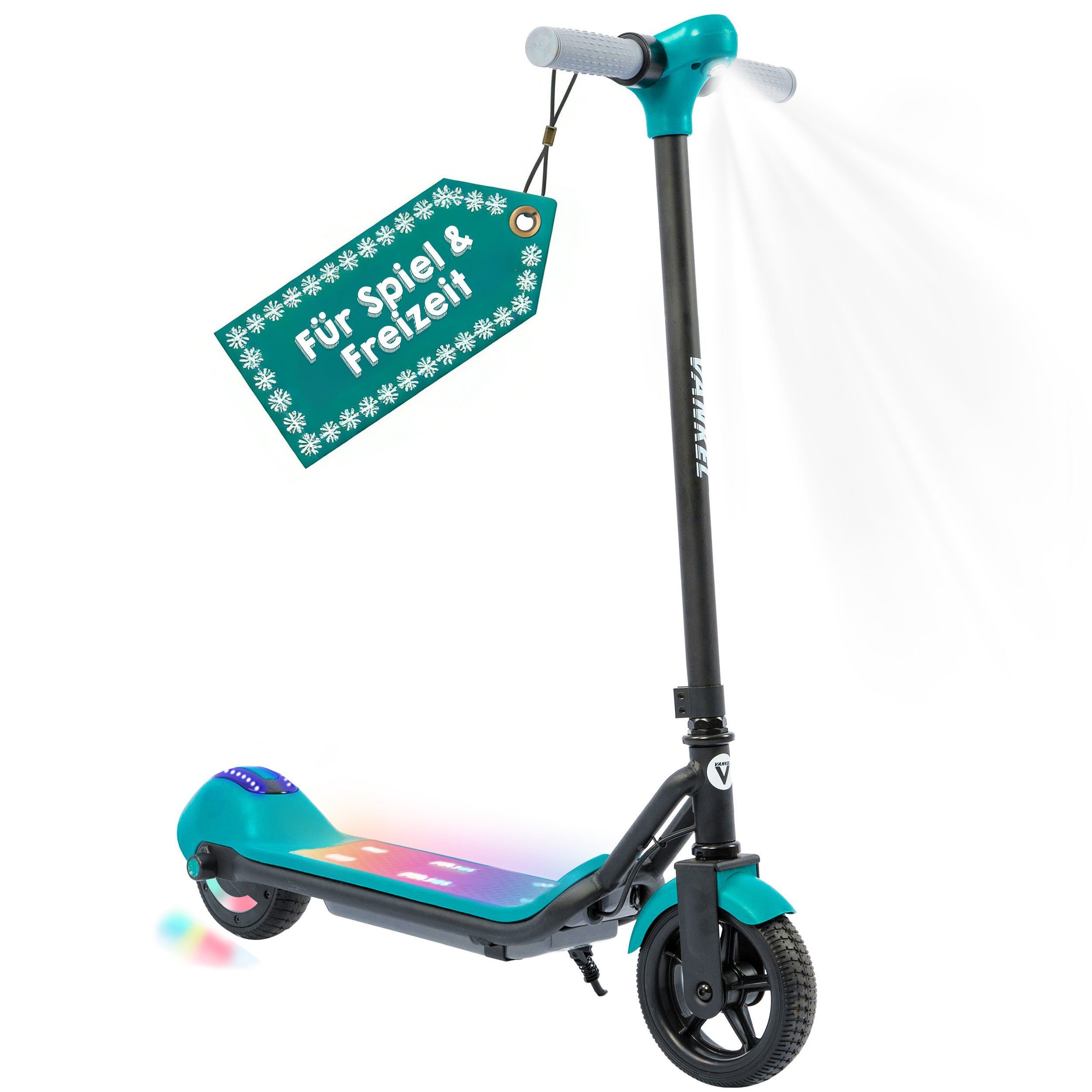 Vankel E-Scooter E-Scooter Kinder, ab 6 Jahren, Elektro Kinderroller, Bunte Leuchten, 14 km/h, (LED-Display, Frontlicht, rutschfeste Trittfläche), 6,5 Zoll E-roller, Cityroller, mit Bluetooth-Lautsprecher, E-Bremse