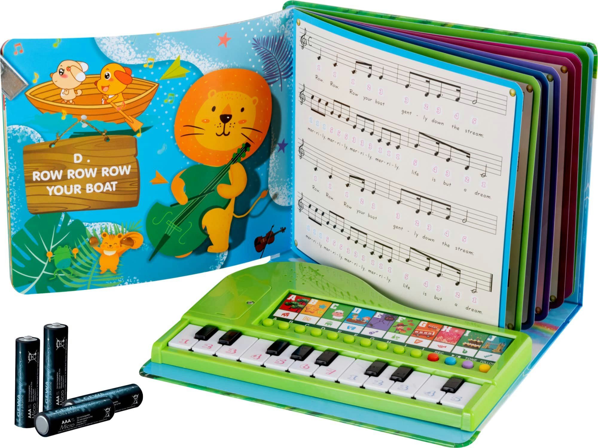 FunKey Spielzeug-Musikinstrument Musikbuch mit Leuchttastenkeyboard - Set mit Batterien, mit Aufnahme- und Follow-Funktion - 10 Klänge und 10 Lieder