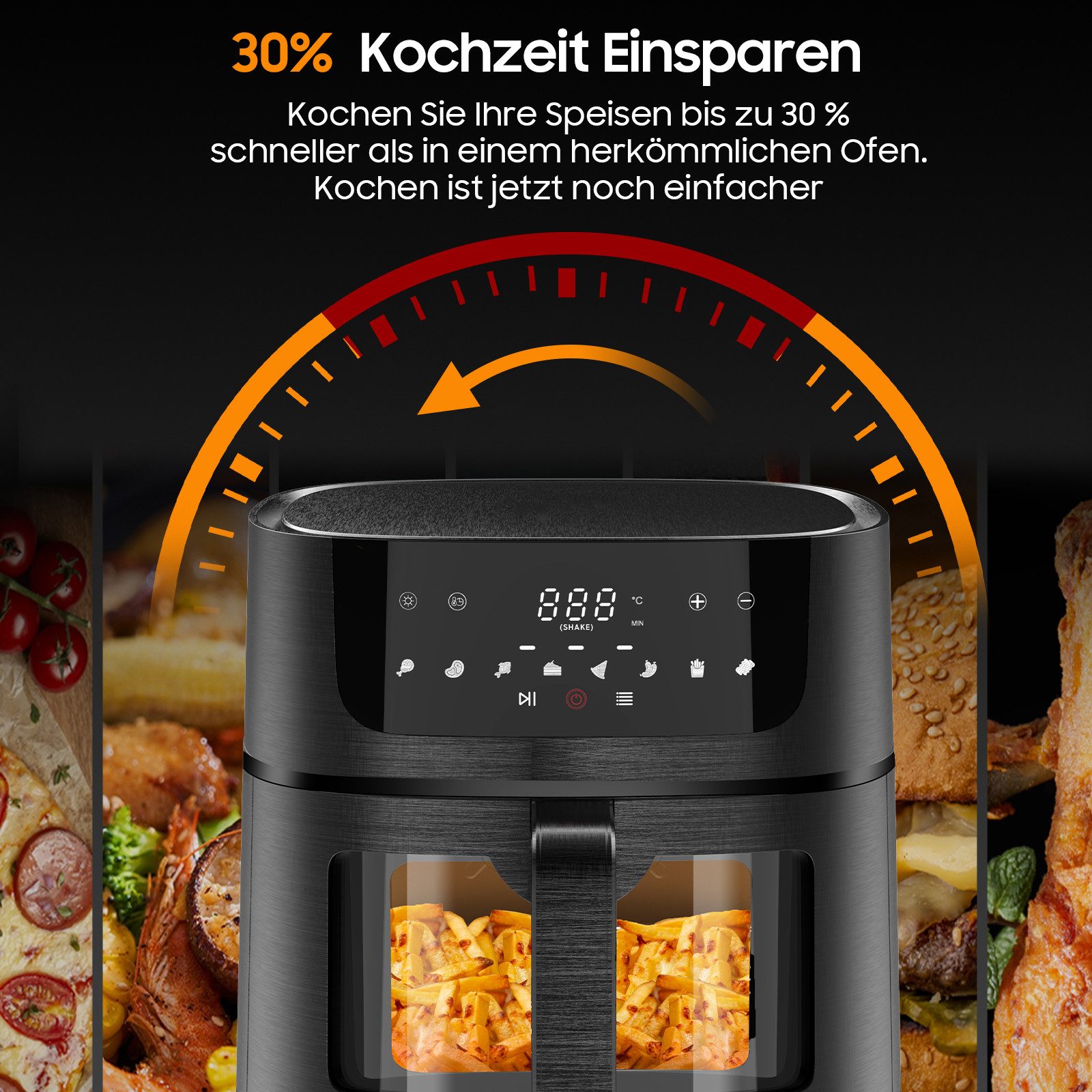 AIMAX Heißluftfritteuse XXL 9L mit Sichtfenster, Airfeyer mit 8 Programmen, einstellbarer Zeit und Temperatur, spülmaschinengeeignet, 1800 W, Compakt & familienfreundlich, Schüttelalarm, Rezeptbuch