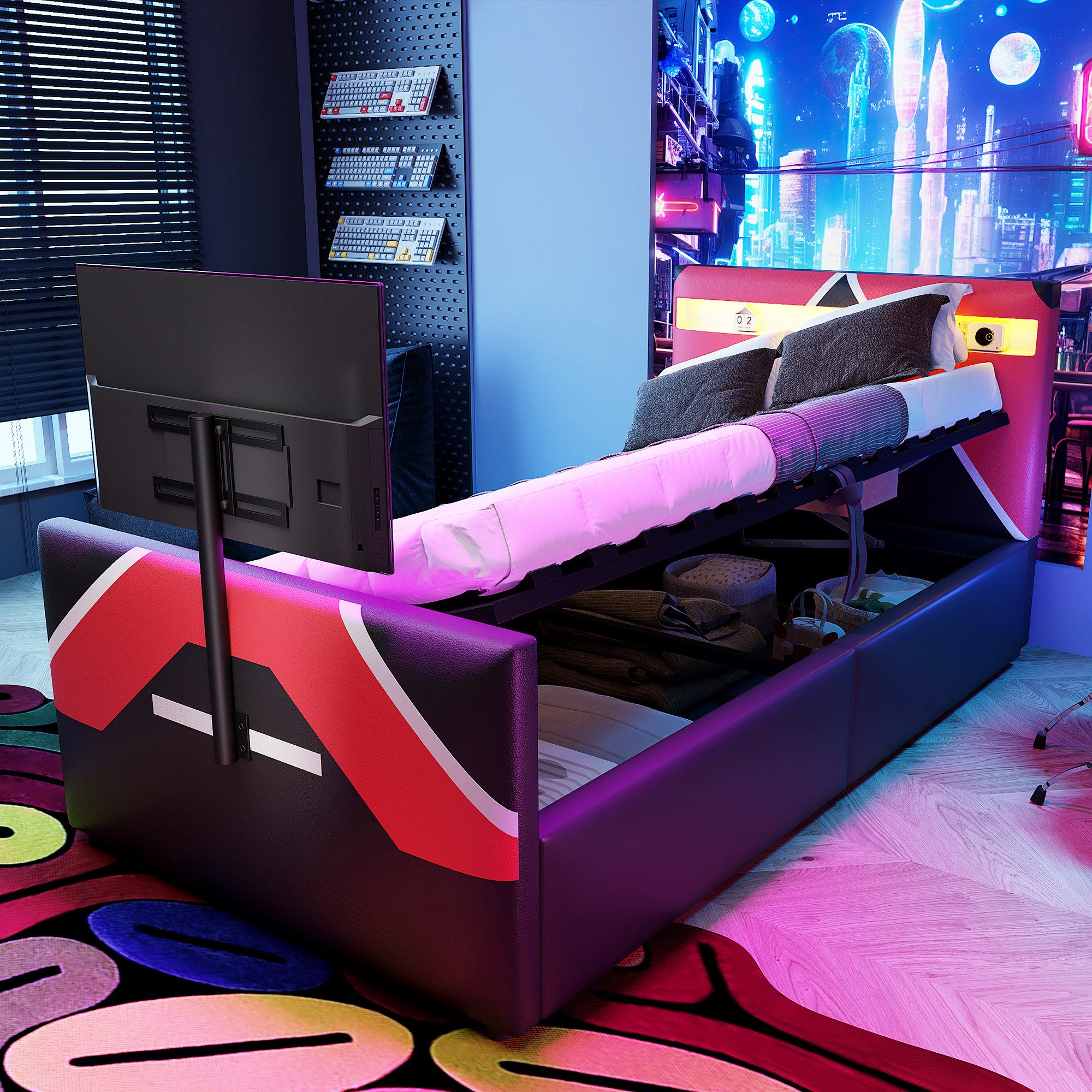 Flieks Polsterbett im E-Sport-Stil mit integrierter TV-Halterung, Hydraulisches Stauraumbett Kinderbett 90x200cm mit LED-Beleuchtung