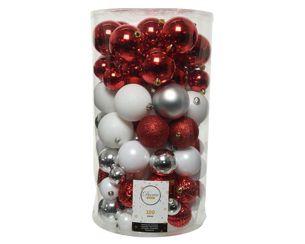 Decoris season decorations Weihnachtsbaumkugel, Weihnachtskugeln Kunststoff Mix 4-8cm rot / weiß / silber, 100er Set