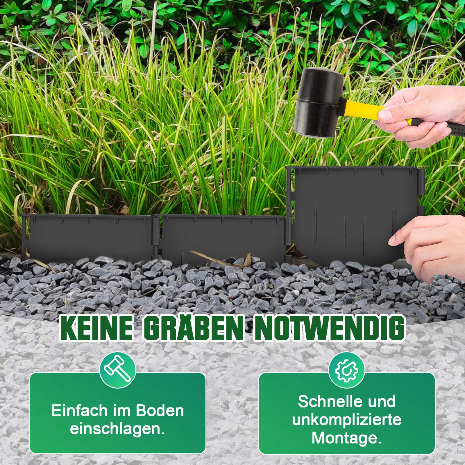 XERSEK Beetumrandung Kunststoff Rasenkante 10,7m Gartenzaun Beeteinfassung Palisaden, Einfach einschlagen, Keine Gräben ausheben, 153x131mm pro Stück, Kombinierbar Gartenborder für Beete, Wege, Rasen und Weitere Formen