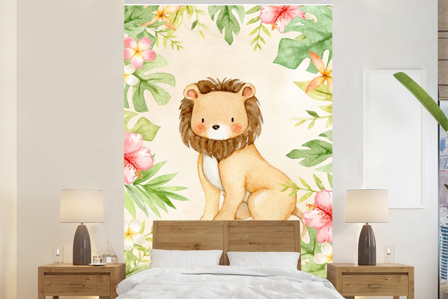 Wohnzimmer, Fototapete Dschungel bedruckt, Blumen Löwe für MuchoWow Tapete Aquarell, - St), - Vinyl Wandtapete Montagefertig Matt, - (3