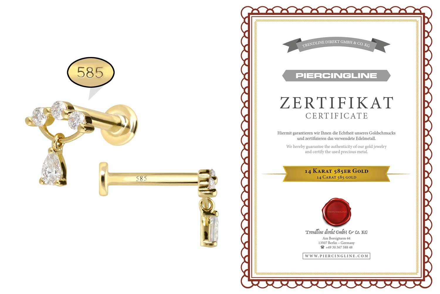 PIERCINGLINE Piercing-Set 14 Karat Gold Labret mit Push Fit MOISSANIT-BOGEN + MOISSANIT-TROPFEN (Labrets, 1-tlg)