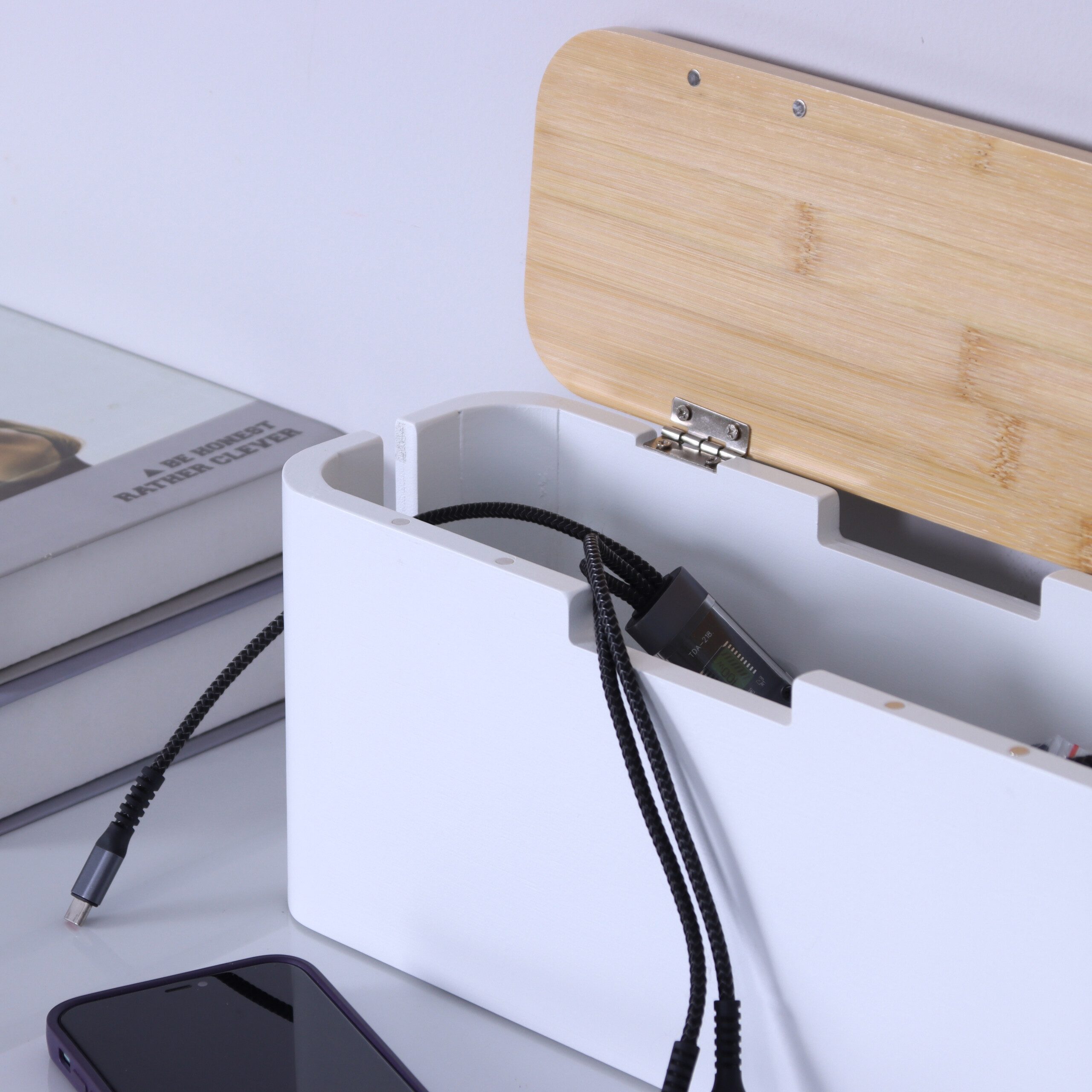 relaxdays Kabelbox aus Bambus, Natur-Weiß