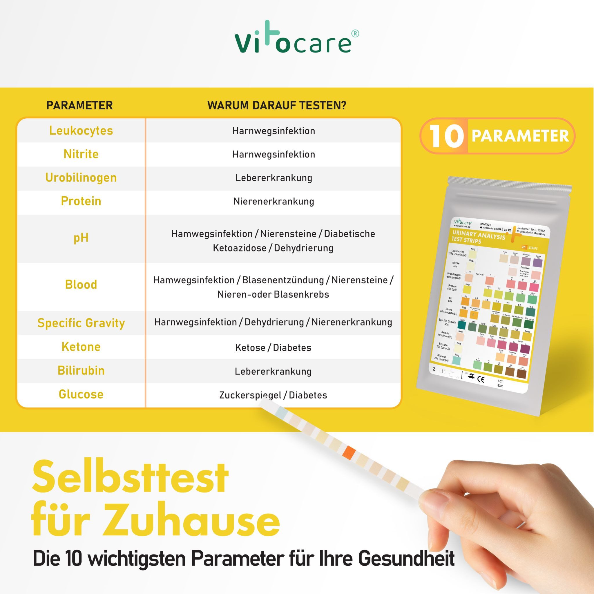 Vitocare Harnsäure-Messgerät Vitocare Urinteststreifen 10in1, Urintest f. Zuhause, 25/125 Stk. – Bild 4 von 5
