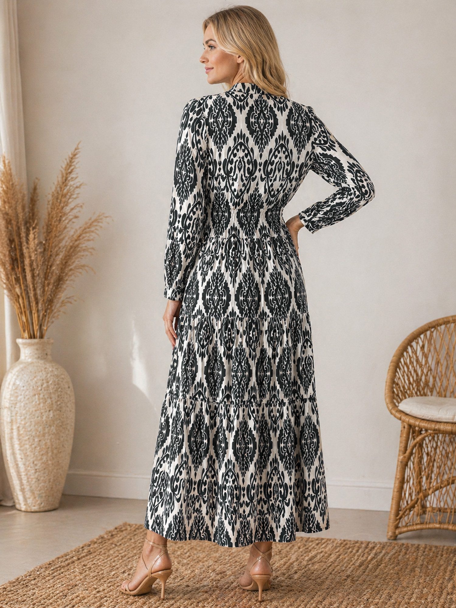 Kendindza Collection Maxikleid Sommerkleid Damen Lang Viskose Elegantes Sommer Kleid lang Maxi Kleid Ikat-Print Knopfleiste & Schnurbund, Luftig Leicht – Bild 4 von 4