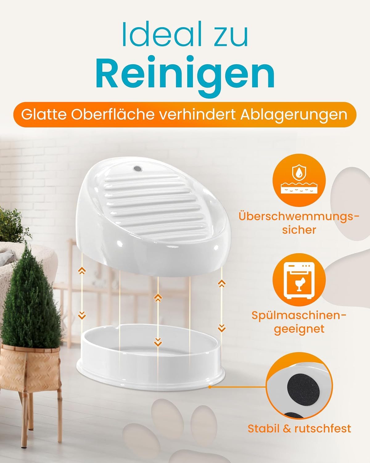 Lucky-Kitty Trinkbrunnen 1,5L Trinknapf für Katzen aus Keramik mit Pumpe für fließendes Wasser, Katzenbrunnen, extralanges Kabel (ca. 2m), für Spülmaschinen geeignet