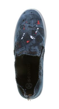Scandi Halb Schuhe Ballerina Sneakers Slipper Jeans-Stoff Slip-On Sneaker Jeansstoff, bunte Farbsprenkel, Used-Look