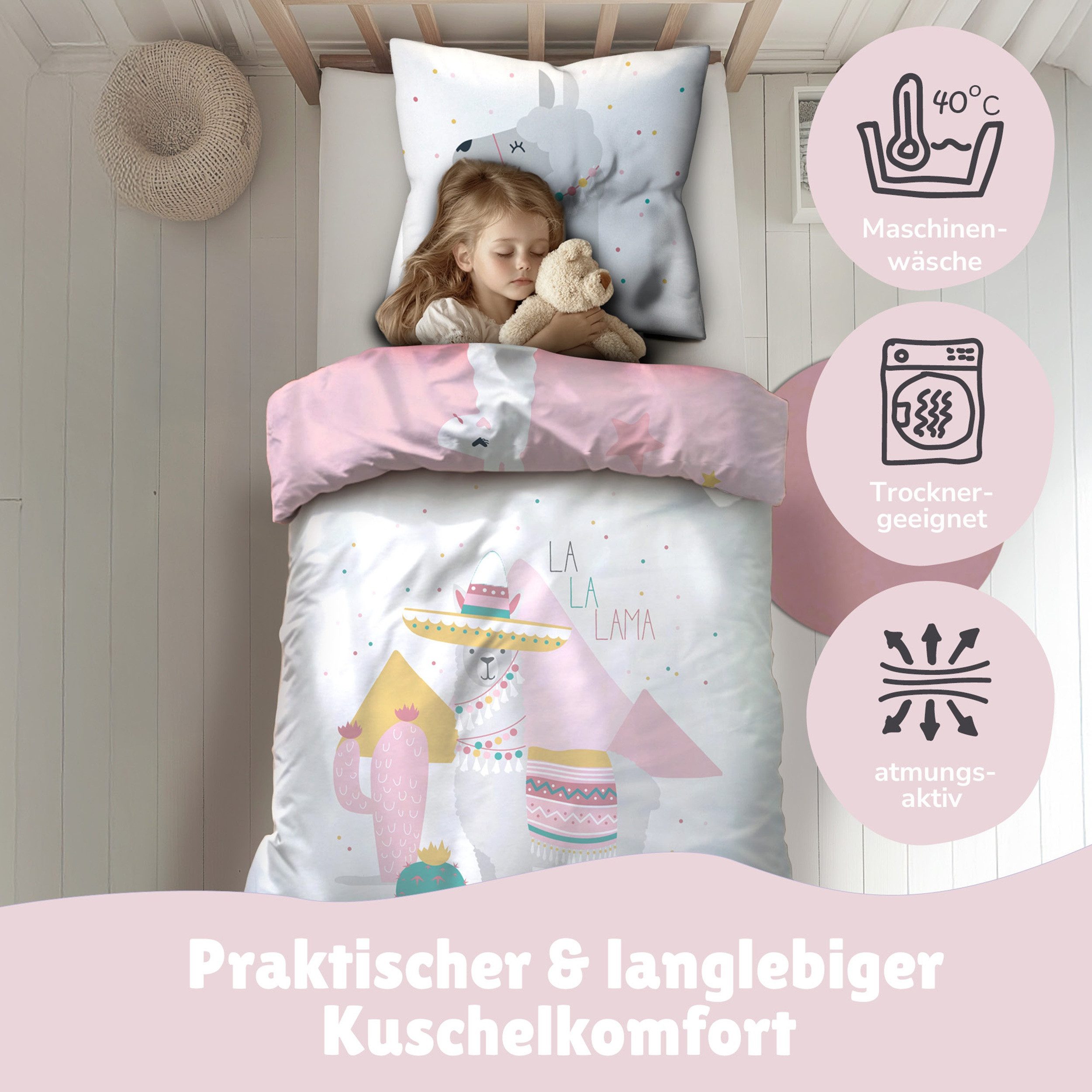 Familando Kinderbettwäsche Lama Alpaka Set 135x200 80x80 cm aus 100% Baumwolle mit Reißverschluss, Renforcé, 2 teilig, mit Lama Wendemotiv und Schriftzug