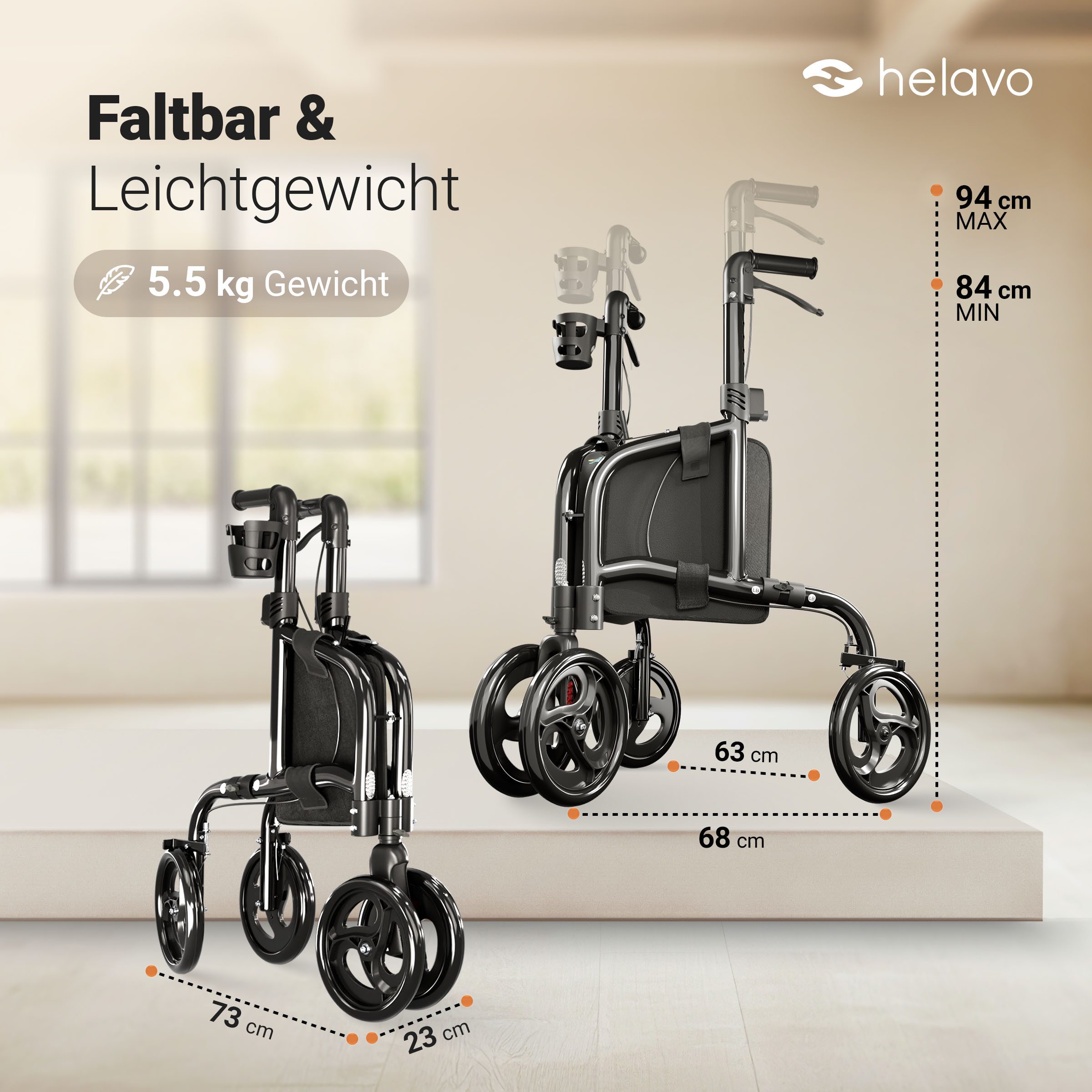 Helavo Rollator H1080, Schmaler 3-Rad-Rollator mit Doppel-Frontrollen & Dualbremse bis 136kg