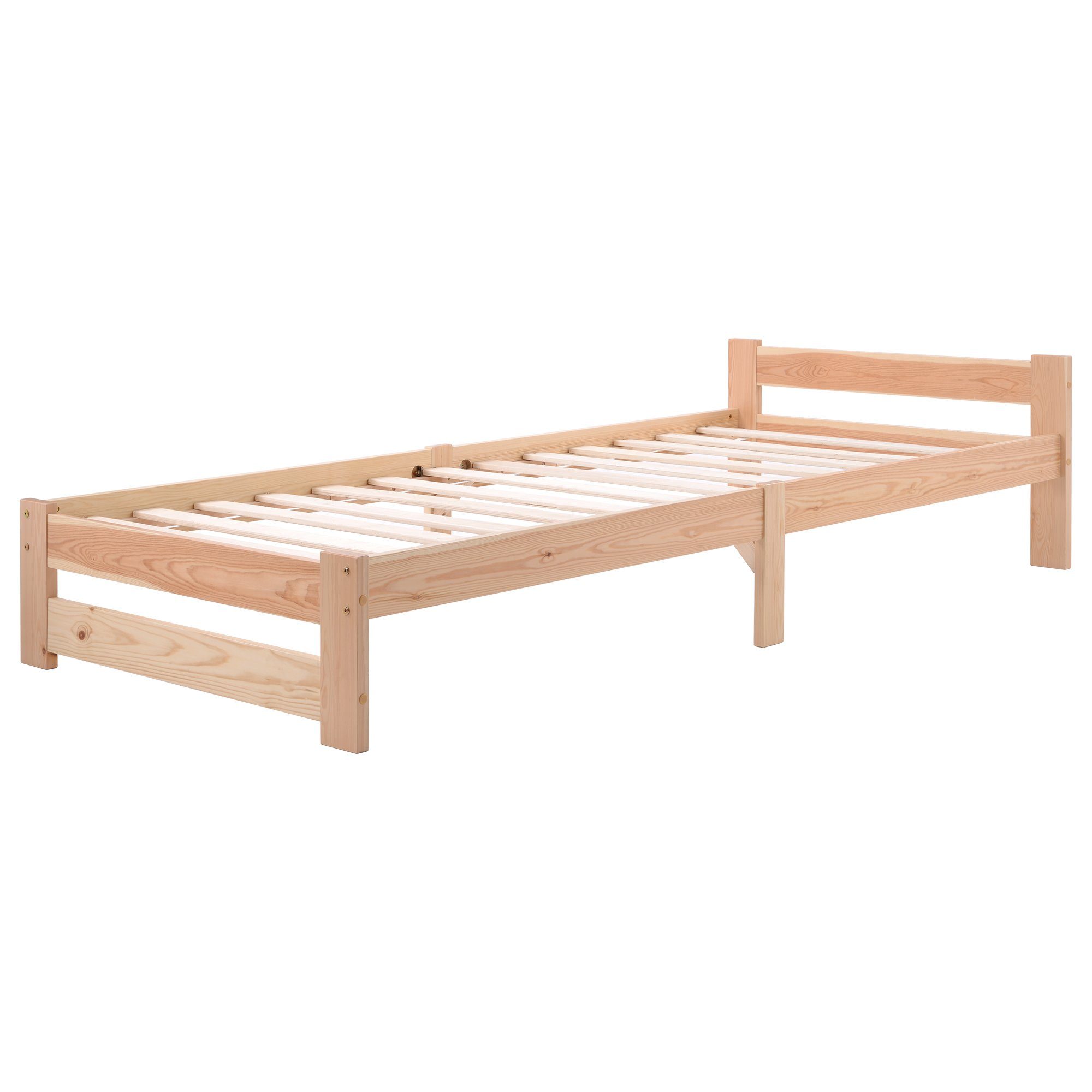 Futonbett, Massivholzbett Einzelbett mit Kopfteil und Lattenrost, 200x90cm