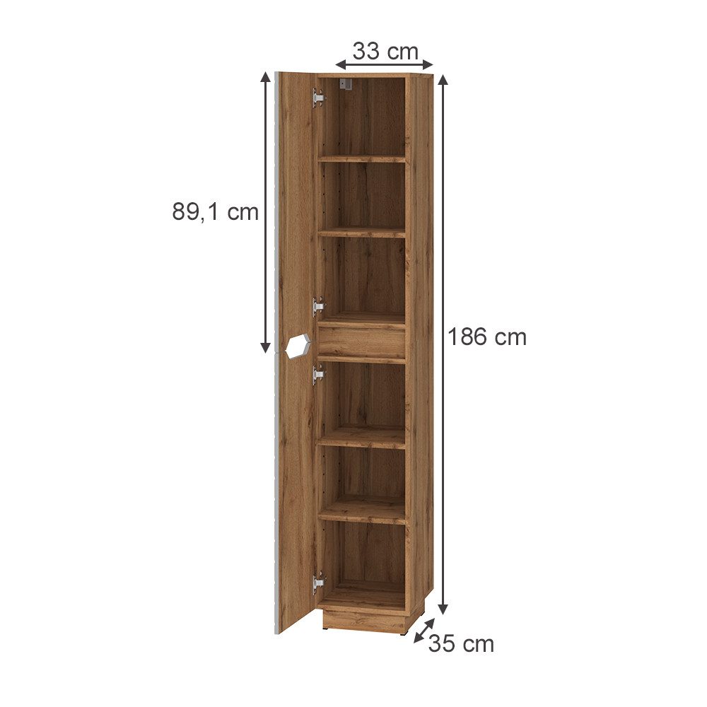 Vicco Hochschrank Lotta, Eiche/Grau mit Kachelstruktur, 33 x 186 cm mit 2 Türen (1-St)
