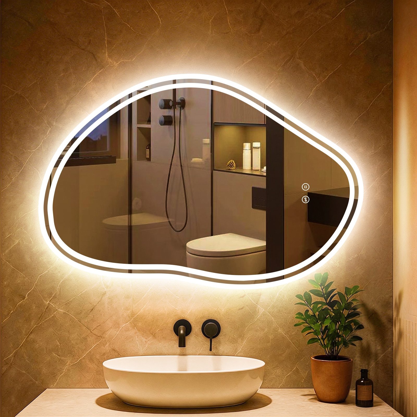 PESENXAN Badspiegel Asymmetrischer LED Spiegel 80x53 cm mit Beleuchtung dimmbar (1-St), 3 Lichtfarben, Touch-Schalter, Speicherfunktion fürs Bad
