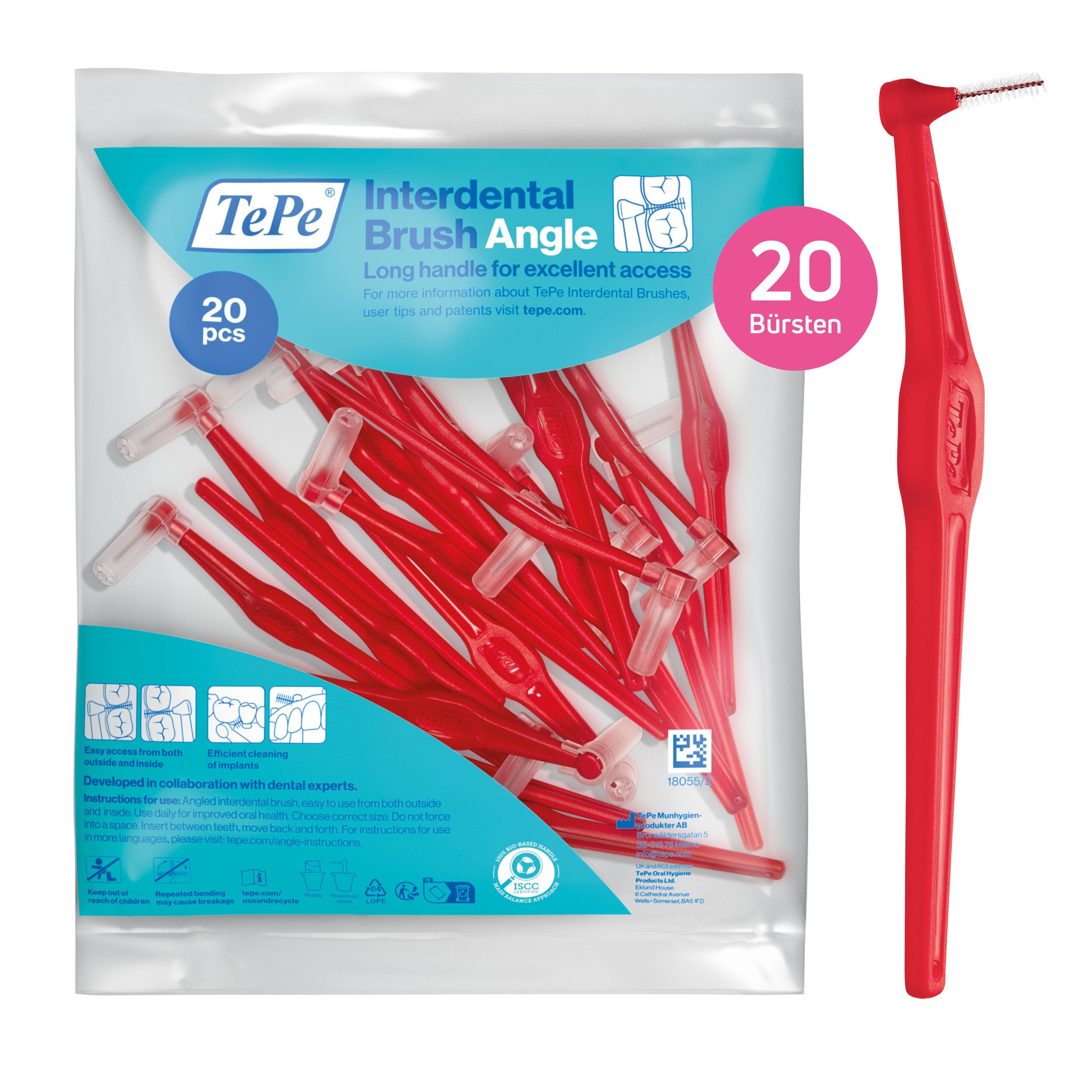 TePe Interdentalbürsten Angle Rot 0,5 mm, ISO-2 20-Pack, Langer, flacher Griff
