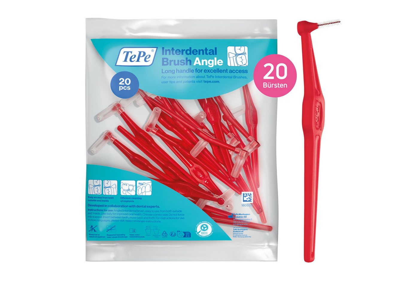 TePe Interdentalbürsten Angle Rot 0,5 mm, ISO-2 20-Pack, Langer, flacher Griff