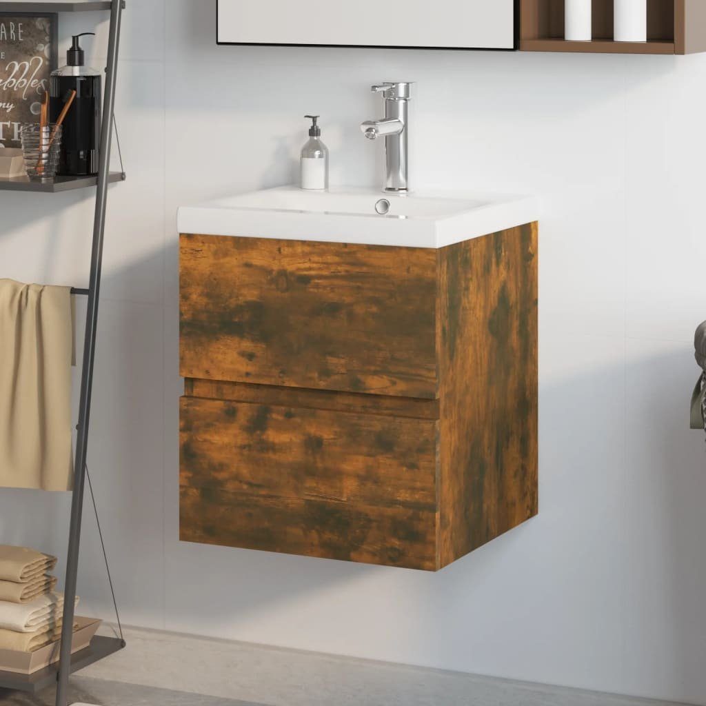 vidaXL Badezimmerspiegelschrank Waschbeckenschrank mit Einbaubecken (1-St) Holzwerkstoff Räuchereiche