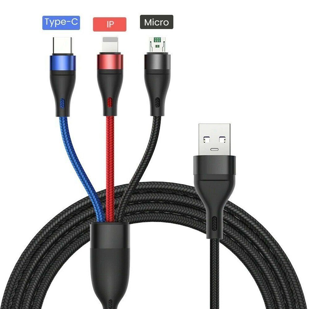 neue dawn »3 in 1 Multi USB Kabel Mehrfach Universal Ladekabel Micro USB  Typ C Lightning für Samsung Galaxy A10 A9 A8 A7 A6 A5 A3 Handy  Schnellladekabel, 1.2M« USB-Kabel, (12 cm)