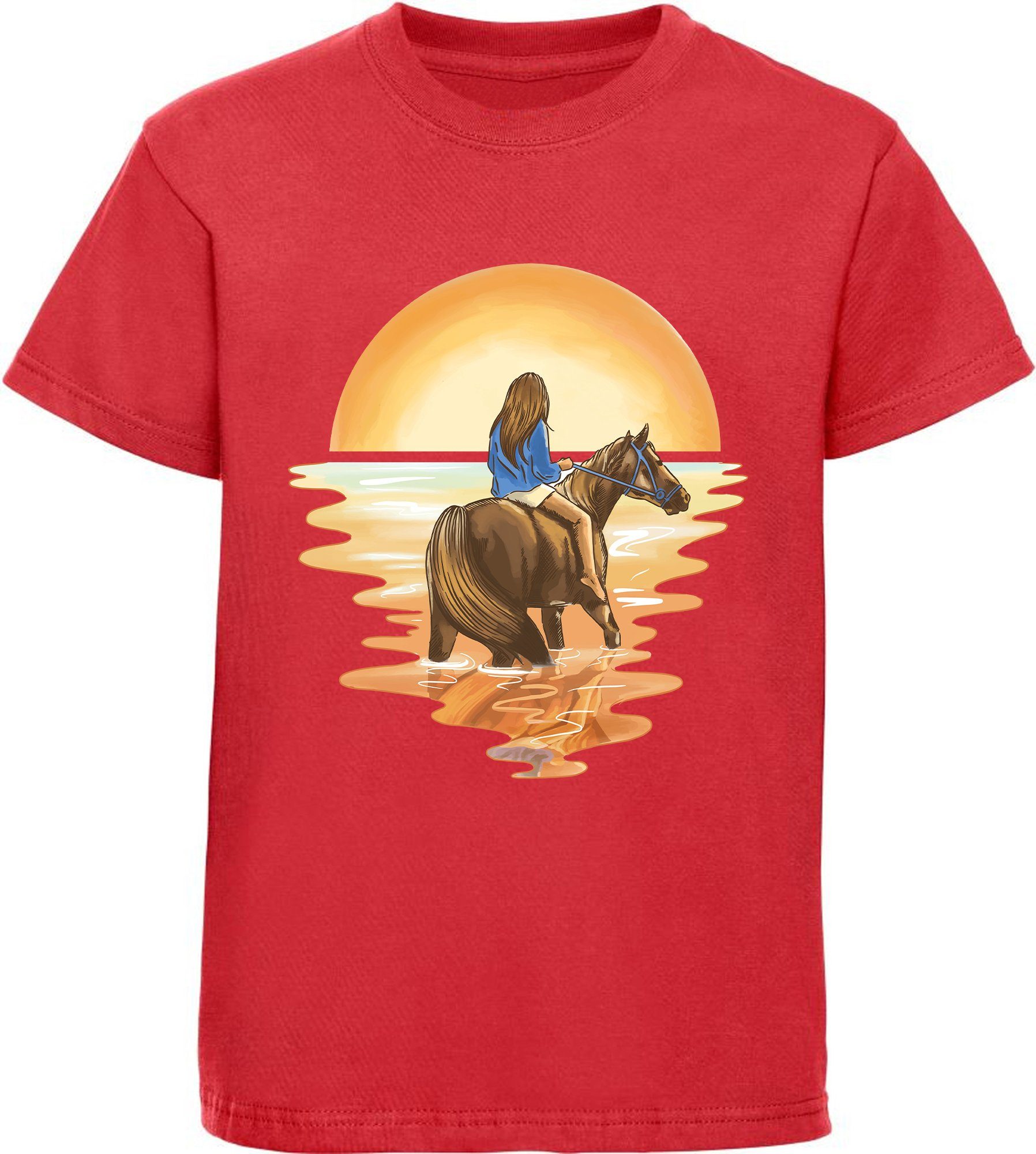 Aufdruck, im Baumwollshirt Pferd mit T-Shirt Reiterin bedrucktes rot mit MyDesign24 Wasser Mädchen i140 Print-Shirt