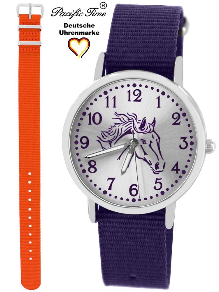 Pacific Time und und Gratis violett Design Kinder orange Set Versand Wechselarmband, Armbanduhr Match violett - Pferd Quarzuhr Mix
