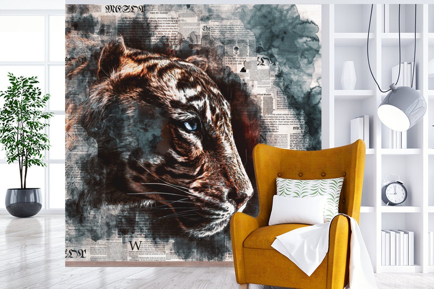 St), bedruckt, Wandtapete Wohnzimmer Kunst, (5 Fototapete - Vinyl Tiger für Schlafzimmer, - Tapete oder Matt, MuchoWow Zeitung