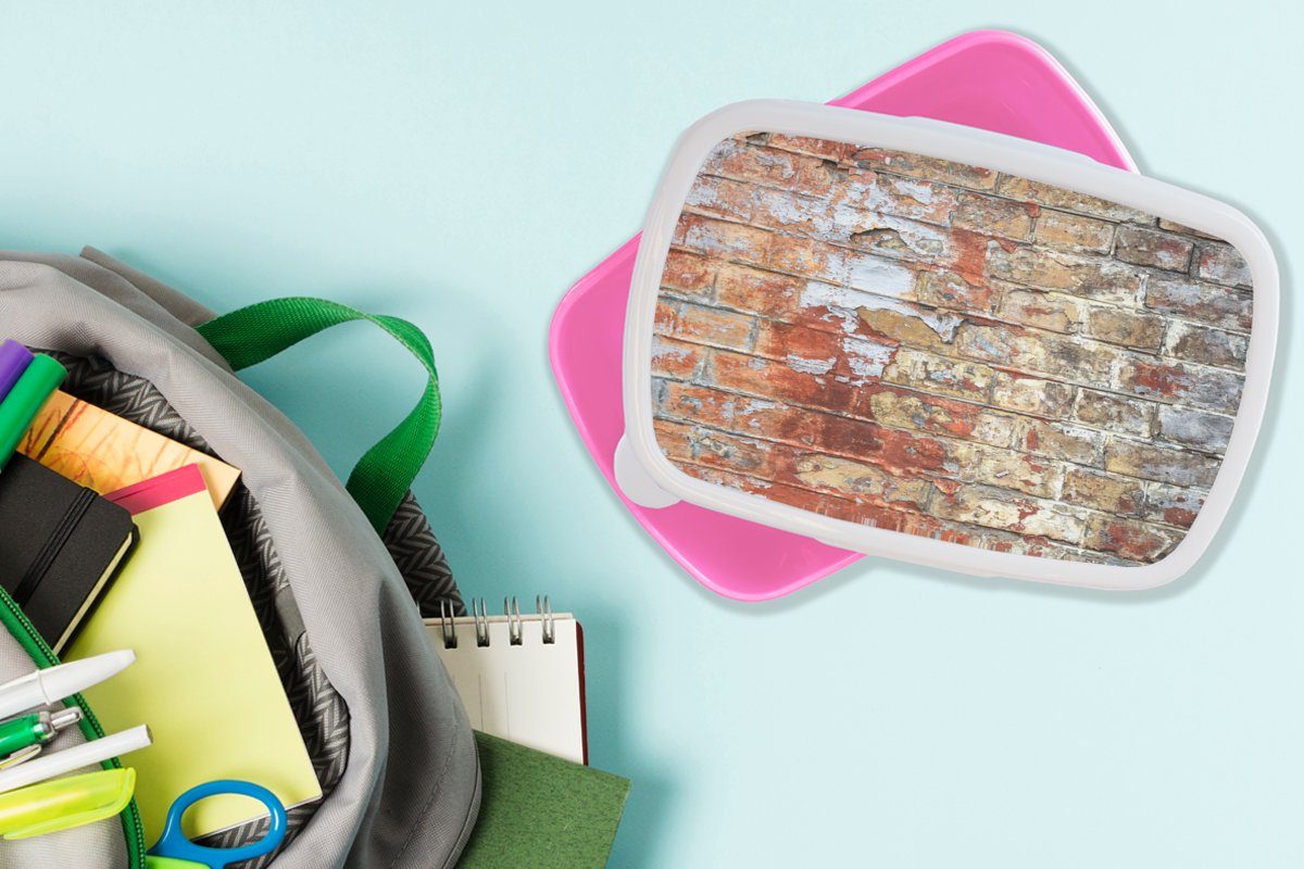 MuchoWow Lunchbox Farbe - Kunststoff, Kinder, Kunststoff rosa (2-tlg), - Snackbox, Ziegel Erwachsene, Brotbox Mädchen, Wände, für Brotdose