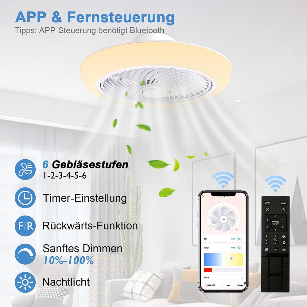 Sunicol Deckenventilator mit beleuchtung, 6 Windgeschwindigkeiten, Dimmbar, Leise, 3 Farbtemperatur, Smart App und Fernbedienung, Timer, für Wohnzimmer