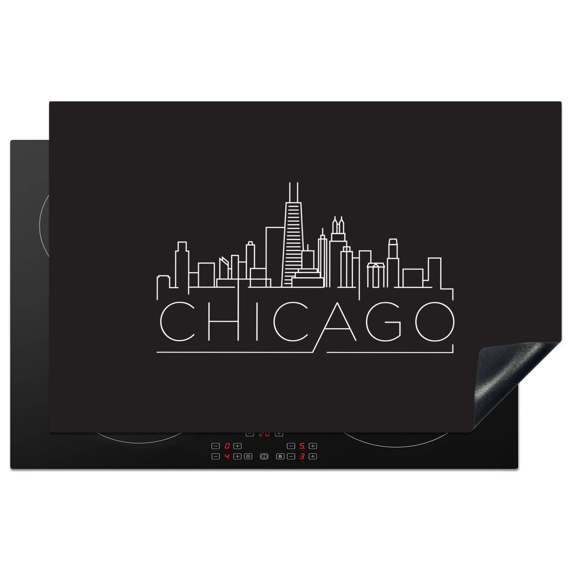 die Vinyl, - küche, MuchoWow Herdblende-/Abdeckplatte Chicago - tlg), für (1 81x52 Schwarz, cm, Schutz Ceranfeldabdeckung Induktionskochfeld Skyline