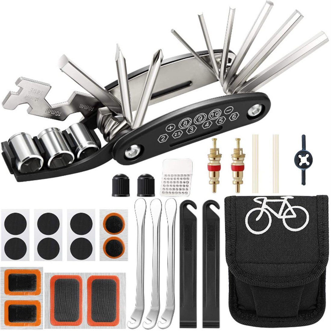 Haiaveng Fahrrad-Reparaturset Fahrrad-Multitool 16 in 1 Werkzeuge für Fahrrad Reparatur, Fahrradflickzeug Reparaturset Multifunktionswerkzeug mit Tasche