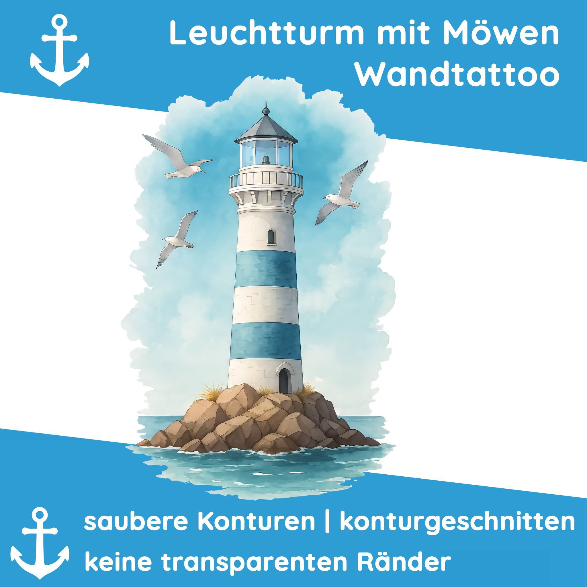 Sunnywall Wandtattoo Aufkleber Maritim Leuchtturm & Möwen – Aquarell blau-weiß, selbstklebend, konturgeschnitten, rückstandslos entfernbar