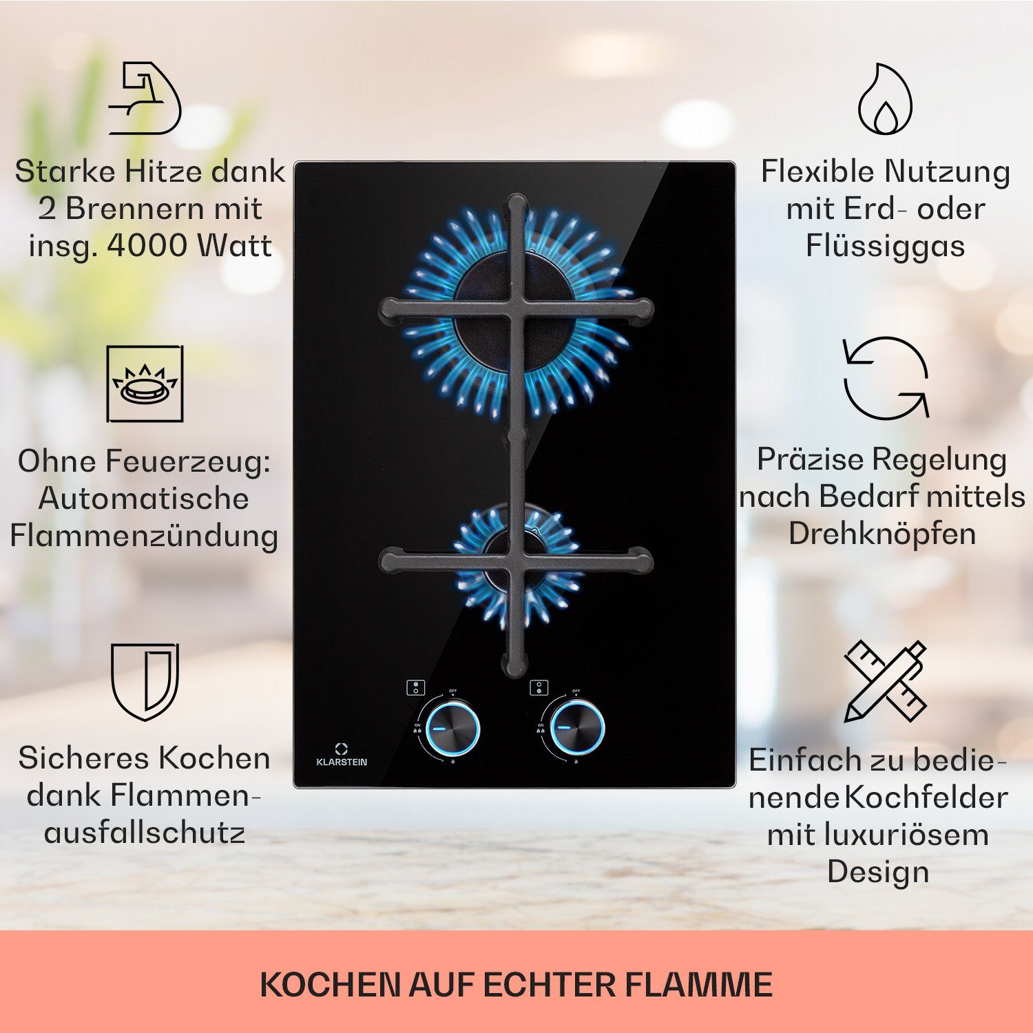 Klarstein Gas-Kochfeld Illuminosa Domino, Gaskochfeld 2-flammig Sabaf-Brenner Glaskeramik