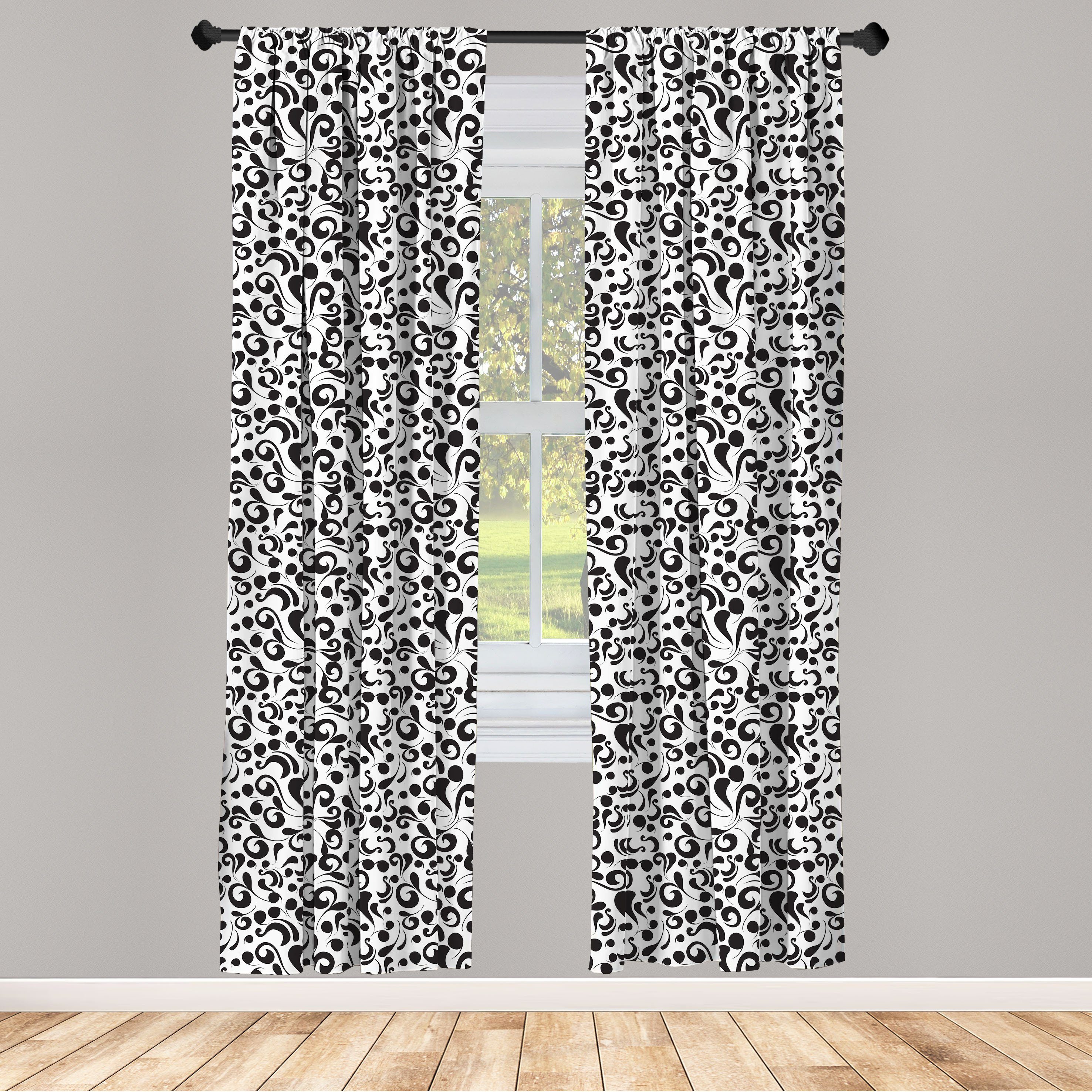 Gardine Vorhang für Wohnzimmer Schlafzimmer Dekor, Abakuhaus, Microfaser, Schwarz und weiß Curly Blatt Kunst