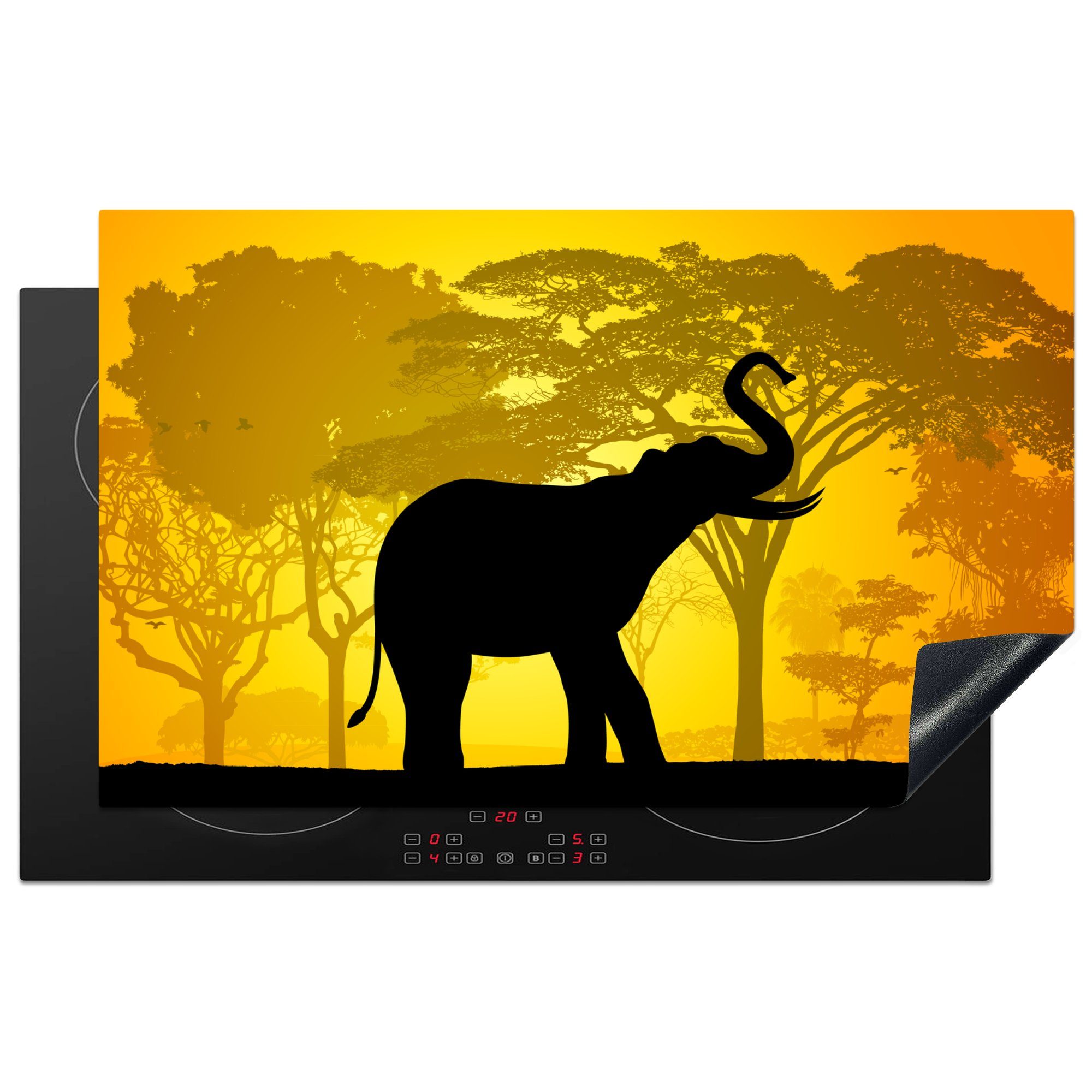 MuchoWow Herdblende-/Abdeckplatte Eine Illustration eines Elefanten mit aufgerichtetem Rüssel, Vinyl, (1 tlg), 83x51 cm, Ceranfeldabdeckung, Arbeitsplatte für küche