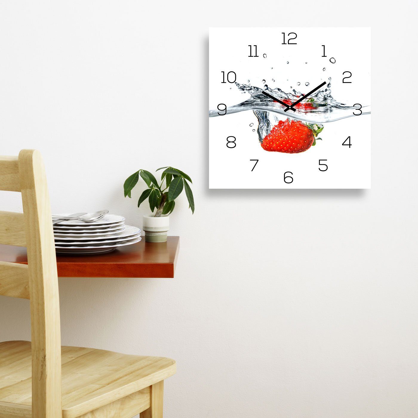 Levandeo® Wanduhr (Wanduhr Uhr Erdbeere Küche Rot) Alubild Alu-Dibond Frucht 30x30cm